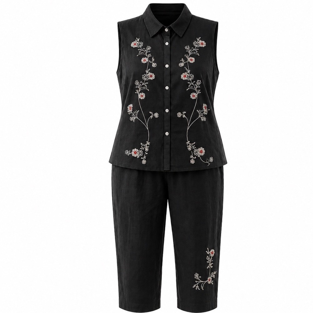 Erika Floral Embroidered Linen Blend 2 Piece Womens X-Large Capris Sleeveless